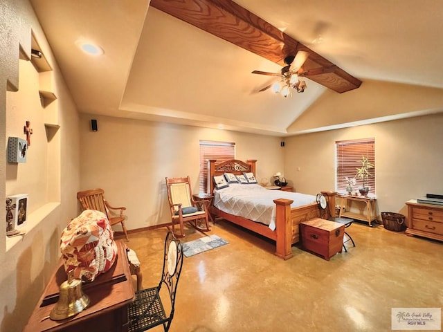 bedroom with ceiling fan and vaulted ceiling