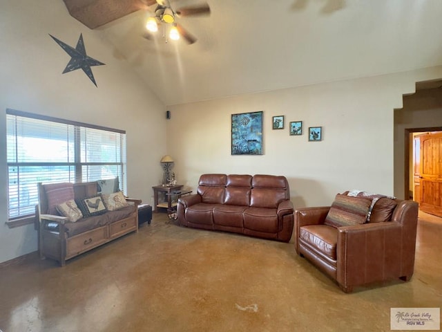 living room with high vaulted ceiling and ceiling fan