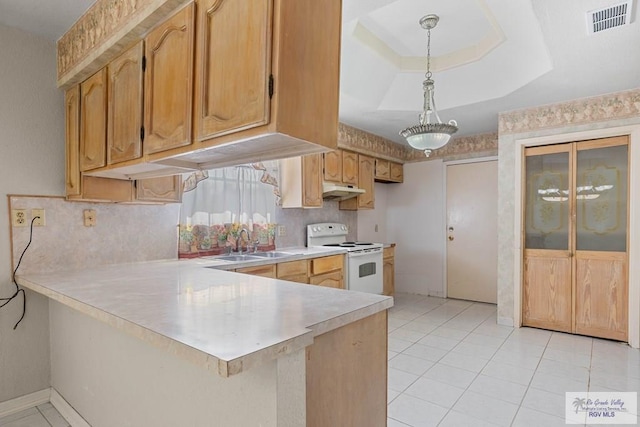 kitchen featuring kitchen peninsula, pendant lighting, white range with electric stovetop, and sink