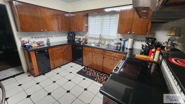 kitchen with sink, black dishwasher, tasteful backsplash, crown molding, and exhaust hood