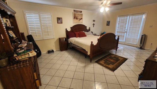 bedroom featuring access to exterior, light tile patterned floors, ceiling fan, and ornamental molding