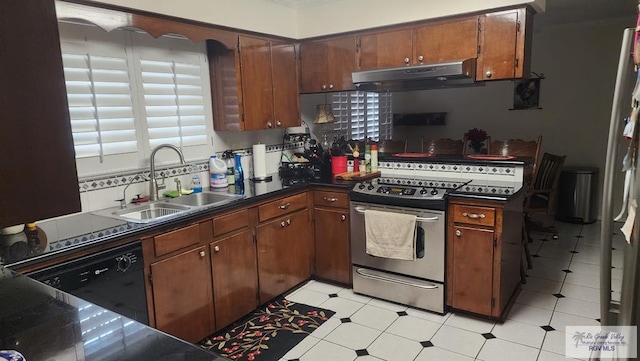 kitchen with dishwasher, stainless steel range with gas cooktop, crown molding, and sink