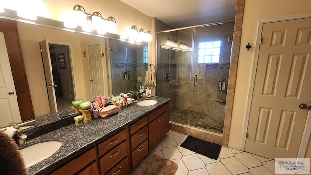 bathroom with tile patterned flooring, vanity, and a shower with shower door