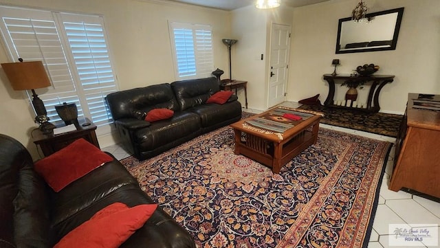 tiled living room featuring crown molding