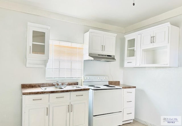 kitchen with white cabinetry, sink, and white electric range