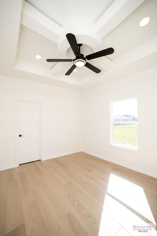8713 Swan Lake Dr, Harlingen, TX 78552 - empty room with light wood-style flooring, recessed lighting, coffered ceiling, beamed ceiling, and baseboards