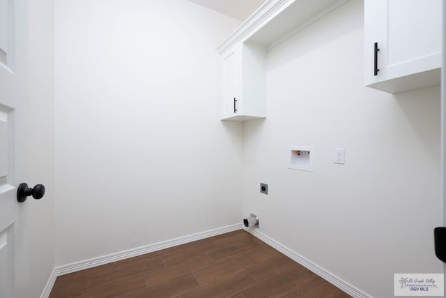 laundry room with hookup for an electric dryer, dark hardwood / wood-style flooring, cabinets, and washer hookup