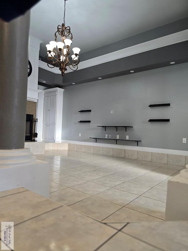 4116 Yoli Ln, Brownsville, TX 78521 - unfurnished living room with light tile patterned floors and a chandelier