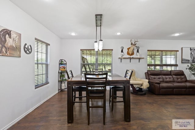 30202 Ratliff Rd, San Benito, TX 78586 - dining room featuring healthy amount of natural light, dark wood-style flooring, recessed lighting, and baseboards