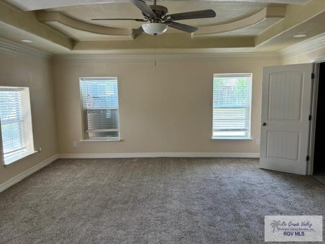 carpeted empty room featuring a raised ceiling, crown molding, and ceiling fan