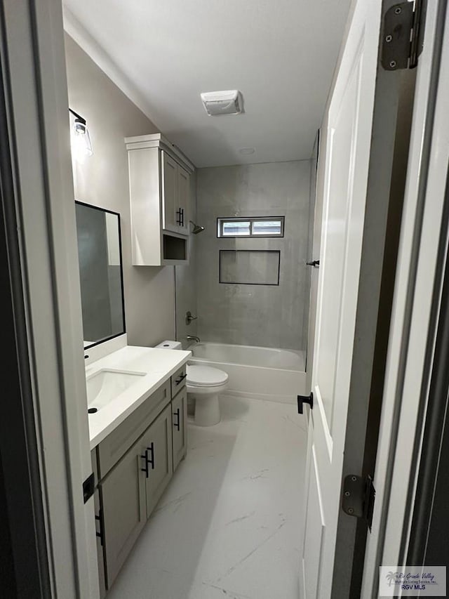 full bathroom featuring marble finish floor, visible vents, shower / bath combination, toilet, and vanity