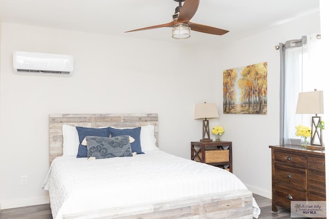 bedroom featuring multiple windows, dark hardwood / wood-style flooring, an AC wall unit, and ceiling fan