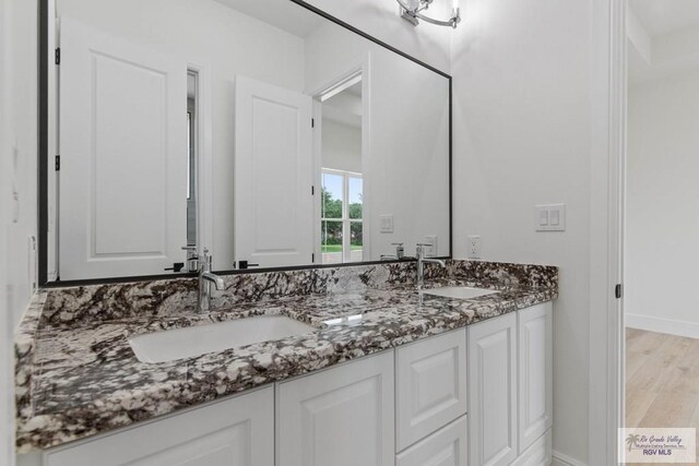 full bathroom featuring baseboards, wood finished floors, double vanity, and a sink