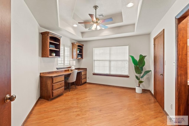 14823 S Valencia Cir, Harlingen, TX 78552 - office area with a raised ceiling, a ceiling fan, built in study area, light wood-style flooring, and recessed lighting
