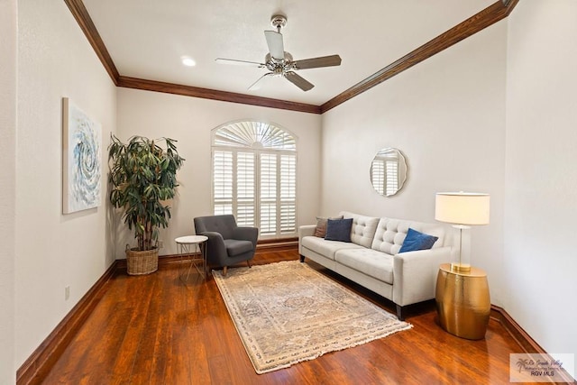 14823 S Valencia Cir, Harlingen, TX 78552 - living room featuring ceiling fan, ornamental molding, and wood finished floors