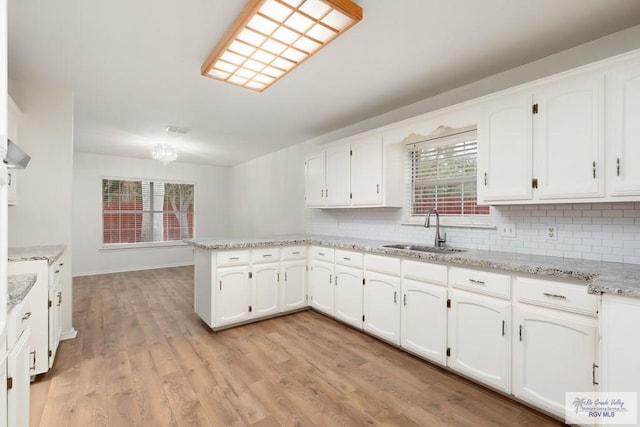 kitchen with a peninsula, a sink, white cabinetry, light wood-type flooring, and backsplash