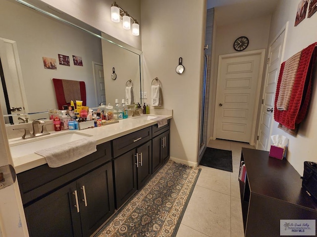 bathroom with tile patterned floors, vanity, and an enclosed shower