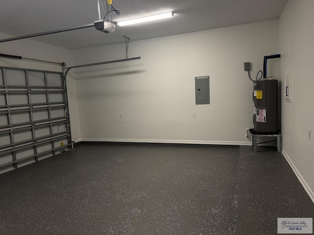 9464 S Queen Palm, Los Fresnos, TX 78566 - garage featuring electric water heater, electric panel, a garage door opener, and baseboards