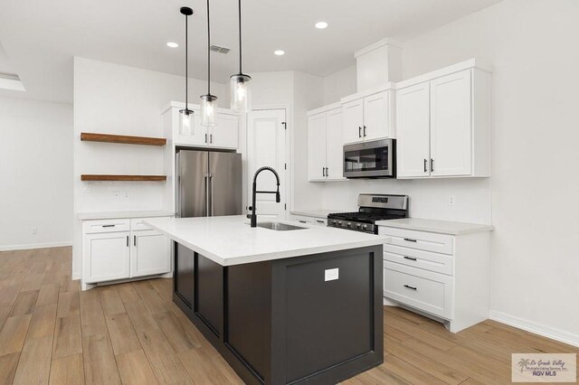 3515 S Elevation Dr, Edinburg, TX 78542 - kitchen with appliances with stainless steel finishes, a sink, open shelves, light wood-type flooring, and white cabinetry