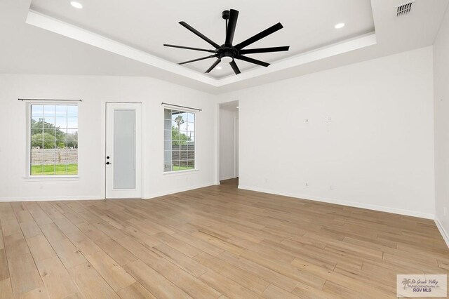 3515 S Elevation Dr, Edinburg, TX 78542 - spare room featuring a raised ceiling, plenty of natural light, light wood-style flooring, baseboards, and recessed lighting