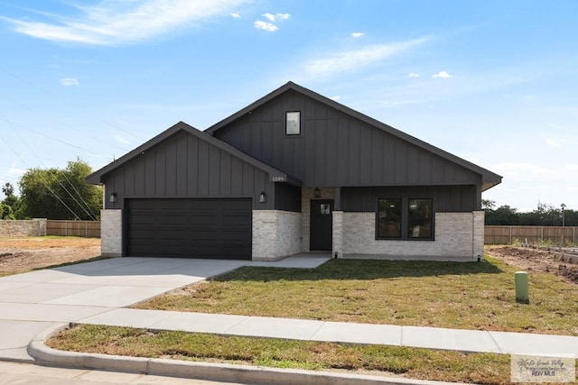 1209 Bridle Way, San Benito, TX 78586 - view of front facade featuring a garage, board and batten siding, driveway, and brick siding