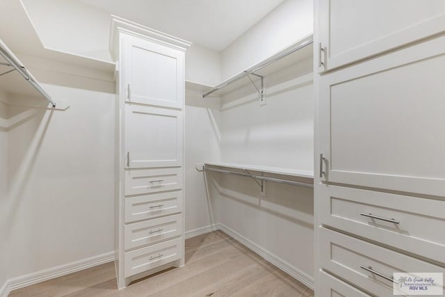 walk in closet with light hardwood / wood-style flooring