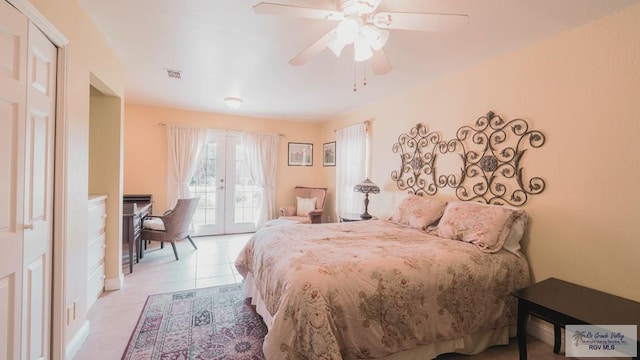 bedroom featuring french doors, access to outside, light tile patterned floors, and ceiling fan