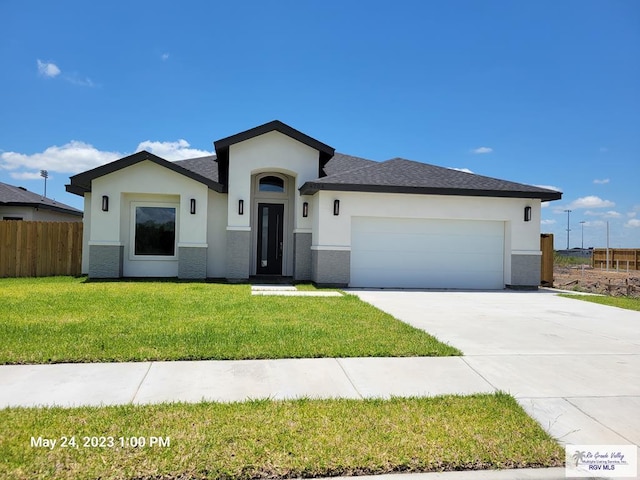 ranch-style home featuring an attached garage, concrete driveway, stucco siding, and fence