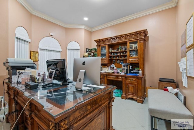 450 Bobcat St, San Benito, TX 78586 - home office with ornamental molding, tile patterned floors, and recessed lighting