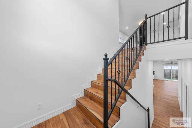 staircase featuring ceiling fan and hardwood / wood-style floors