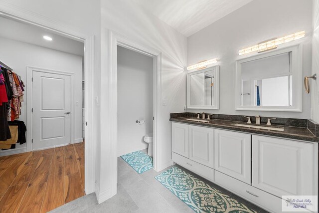 bathroom with vanity, wood-type flooring, and toilet