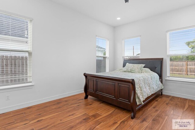 bedroom featuring wood-type flooring and multiple windows