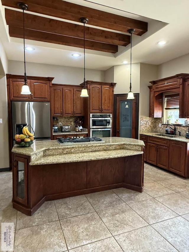 2909 Mi Cielo Dr, Weslaco, TX 78599 - kitchen featuring stainless steel appliances, a sink, tasteful backsplash, light tile patterned flooring, and recessed lighting