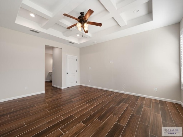 23756 Richmond Cir, Harlingen, TX 78552 - unfurnished room featuring coffered ceiling, dark wood-style floors, a ceiling fan, recessed lighting, and beam ceiling