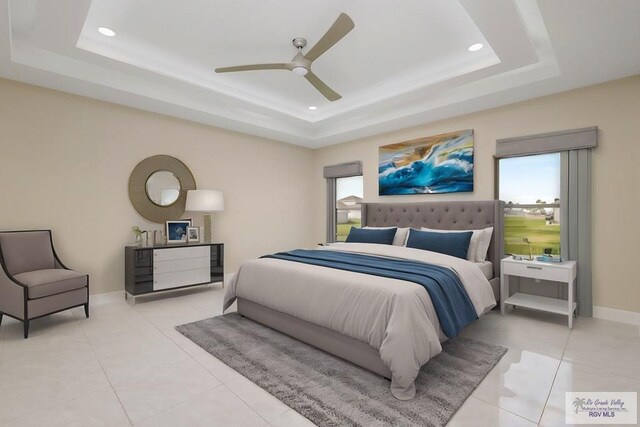 1902 Thacker Ln, Harlingen, TX 78552 - bedroom with a tray ceiling, multiple windows, light tile patterned floors, recessed lighting, and a ceiling fan