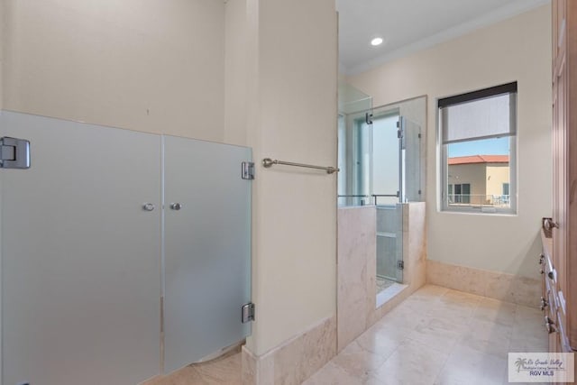 201 W Capricorn Dr, South Padre Island, TX 78597 - full bath with a shower stall, crown molding, tile patterned floors, and recessed lighting