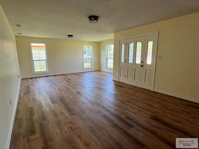 foyer with a textured ceiling, a wealth of natural light, and dark hardwood / wood-style floors