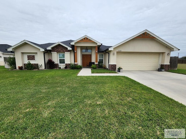 ranch-style home featuring a garage and a front lawn