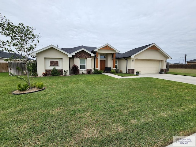 ranch-style home featuring a garage and a front lawn