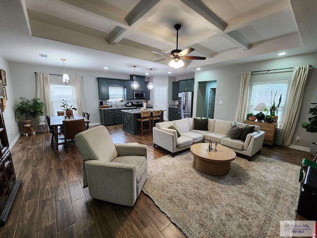 living room with coffered ceiling, dark wood-type flooring, and a wealth of natural light