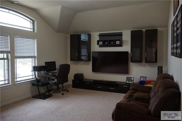 office space with carpet floors and lofted ceiling