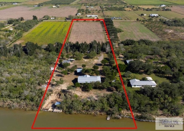 aerial view with a water view and a rural view