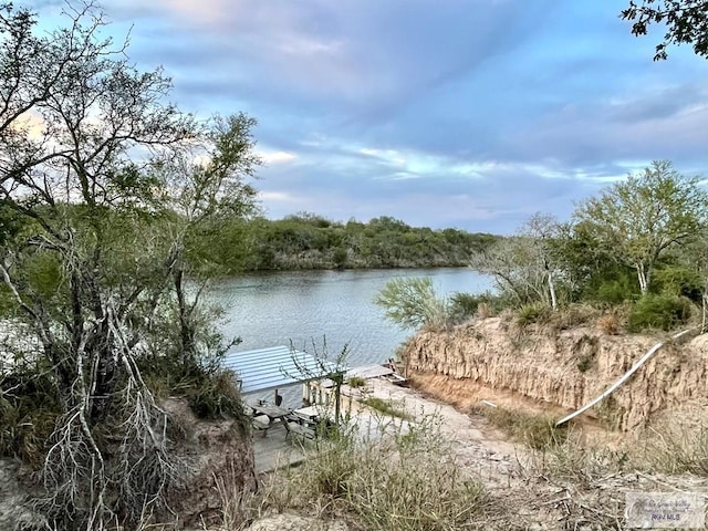 view of water feature with a dock