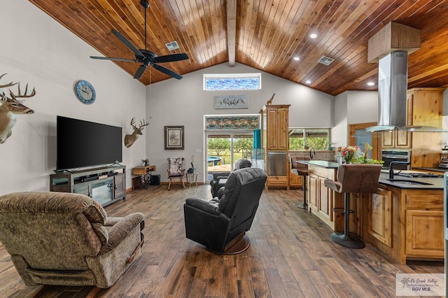 25096 Rabb Rd, La Feria, TX 78559 - living room featuring a wooden ceiling with exposed beams, high vaulted ceiling, a ceiling fan, healthy amount of natural light, and dark wood finished floors