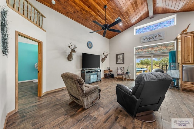 25096 Rabb Rd, La Feria, TX 78559 - living room with a wooden ceiling with exposed beams, high vaulted ceiling, ceiling fan, and wood finished floors