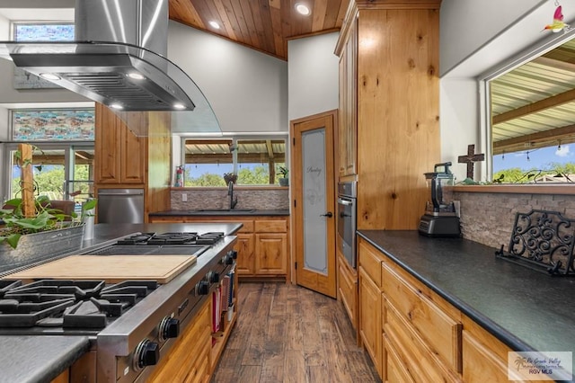 25096 Rabb Rd, La Feria, TX 78559 - kitchen featuring exhaust hood, recessed lighting, backsplash, wooden ceiling, and dark wood-style flooring