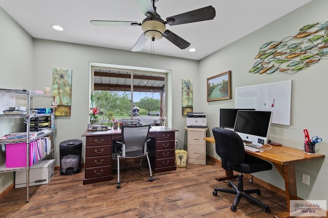 25096 Rabb Rd, La Feria, TX 78559 - office area with wood finished floors, a ceiling fan, and recessed lighting