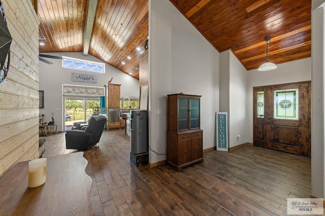 25096 Rabb Rd, La Feria, TX 78559 - entryway featuring a wooden ceiling with exposed beams, high vaulted ceiling, dark wood-style flooring, and plenty of natural light