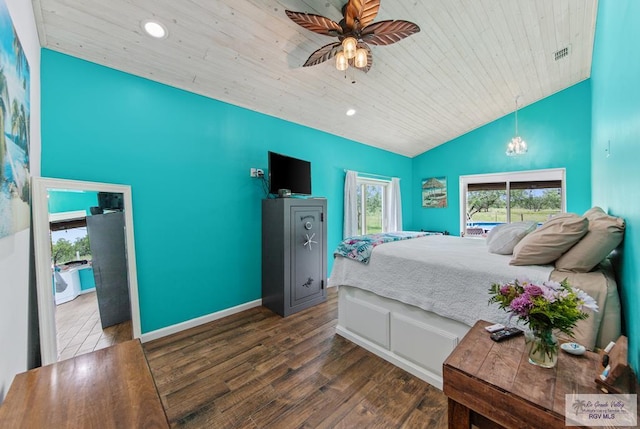 25096 Rabb Rd, La Feria, TX 78559 - bedroom with wooden ceiling, wood finished floors, high vaulted ceiling, recessed lighting, and ceiling fan