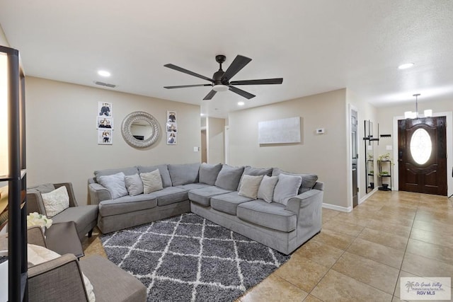 313 Scarlett Cir, Harlingen, TX 78552 - living room featuring recessed lighting, light tile patterned floors, and ceiling fan